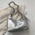 Metallic silver hobo cloud bag with ruched shoulder strap and delicate bow detail - Silver