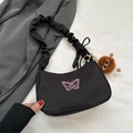 Black nylon underarm bag with pink butterfly embroidery and pleated shoulder strap - With Pendant / Black