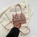 Pink vintage mini crossbody bag with dark coffee floral patterns and gold hardware - Pink