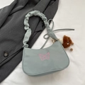 Light blue shoulder bag with pink butterfly embroidery and a ruched designer handle - With Pendant / Green