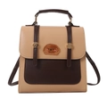 Mochila elegante en cuero beige y marrón con bordado de cachorro y herrajes dorados - Caqui