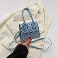 Mini light blue shoulder bag with geometric floral print and adjustable strap detail - Blue