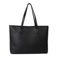 Minimalist black woven faux leather tote bag with large capacity and double handles - Black