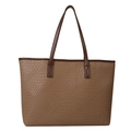 Minimalist camel woven tote bag with embossed crocodile texture and brown shoulder straps - Khaki