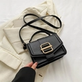 Black minimalist crossbody bag in lychee texture leather with gold metallic buckle - Black