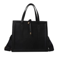 Bolso tote cuadrado negro minimalista con correa ancha y detalles metálicos dorados - Negro