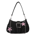 Sac baguette en toile noire avec broderie étoile rose et chaîne argentée - Noir