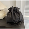 Minimalist black drawstring tote bag for women with wide shoulder strap and sleek design - Black