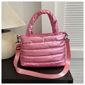 Detail of pink metallic puffer tote bag with quilted texture and matte black hardware - Pink