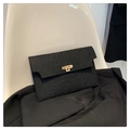 Minimalist black crocodile pattern envelope clutch bag with elegant gold metal twist lock - Black