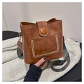 Brown PU leather bucket bag detail with ethnic printed strap and fashion text print - Without Pendant / Tan