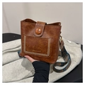 Brown vintage PU leather bucket bag with gold rivets and jacquard shoulder strap - Brown No Pendant