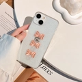 Funda iPhone azul claro brillante con lazos rosas de resina y detalles de corazones - Rosa Purpurina Lazo Corazón / iPhone 15 Pro Max