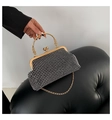 Elegante schwarze Abendtasche mit Strasssteinen, Goldverschluss und rundem Griff - Silber