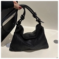 Sparkling black rhinestone evening shoulder bag with knotted leather handle - Black