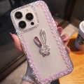 Luxus iPhone Hülle mit glitzerndem Hasen und rosa Rosenkristall Verzierungen - iPhone 7/8/SE 2020 / Rosa (Mit Lanyard)