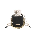 Chic black woven bucket bag with white drawstring liner and gold chain strap on white background - Black