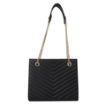 Retro black chevron quilted leather tote bag with elegant gold chain shoulder strap - Black