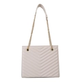 Chic beige chevron quilted tote bag with gold chain strap and elegant rectangular silhouette - White