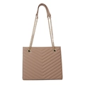 Fashionable beige tote bag with V-shaped quilting and gold chain strap in a classic look - Khaki