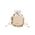 Chic beige woven bucket bag with chunky gold chain handle and drawstring closure - Khaki