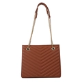 Brown quilted leather tote bag with classic V-stitch pattern and gold chain strap - Brown