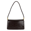 Sac baguette minimaliste en cuir verni marron foncé avec motif crocodile et boucles dorées - Noir