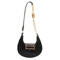 Chic black crescent shoulder bag with gold chain strap and vertical textured leather - Black
