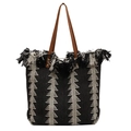 Grande borsa tote in maglia con motivo geometrico bianco e nero e dettagli con frange - Nero