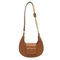 Caramel brown crescent shoulder bag with gold buckle and chain strap detailing - Khaki