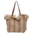 Borsa tote boho in maglia con motivo geometrico beige e dettagli di frange lunghe - Bianco Sporco