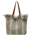 Borsa tote intrecciata con motivi geometrici, lunghe frange e manici in pelle - verde chiaro