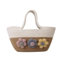 Handgewebte Bucket-Tasche im Kontrastdesign mit floralen Akzenten in Cremeweiß - 3D-Blumendekoration / Weiß & Khaki