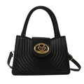 Minimalist black leather handbag with gold heart buckle and quilted texture detailing - Black