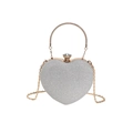 Sparkling silver heart-shaped evening clutch bag with gold round handle and chain strap - Silver