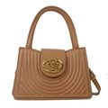 Brown quilted crossbody bag with circular gold clasp and adjustable shoulder strap - Khaki