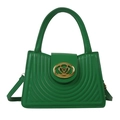 Retro bright green faux leather handbag with concentric quilted patterns and gold heart clasp - Green