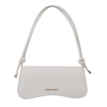 White faux crocodile skin shoulder bag featuring gold lettering and knotted strap design - White