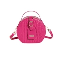 Borsa a tracolla rotonda rosa rosso con trama a pietra e dettagli dorati su sfondo bianco - Rosso rosa