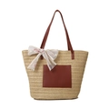Große Strohtasche mit brauner PU-Leder Tasche und dekorativer Schleife aus Blumenspitze - Khaki