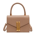 Elegant solid color crossbody square bag with gold double bar lock and top handle - Khaki