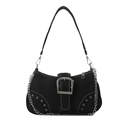 Sac à épaule vintage en toile noire avec clous argentés, boucle et chaîne en métal - Noir