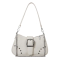 Sac sous le bras rétro en toile crème avec boucle argentée, rivets et bandoulière - Blanc