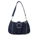 Sac sous le bras rétro en toile bleu foncé avec boucle et surpiqûres blanches - Bleu