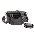 Schwarze Strass-Satteltasche mit breitem Segeltuchgurt und kleinem runden Münzetui - Silber