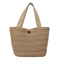 Straw woven tote bag in light brown with reinforced handles and black button closure - Khaki