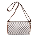 Vintage retro cylindrical crossbody bag with cream geometric pattern and brown leather trim - White