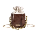 Brown pleated bucket bag with gold chain strap and white drawstring closure - Brown