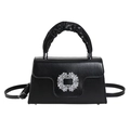 Elegant black faux leather trapezoid handbag with sparkling crystal buckle and pleated handle - Black