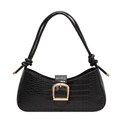 Retro schwarze Schultertasche mit Kroko-Prägung und goldener Schnalle auf Weiß - Schwarz